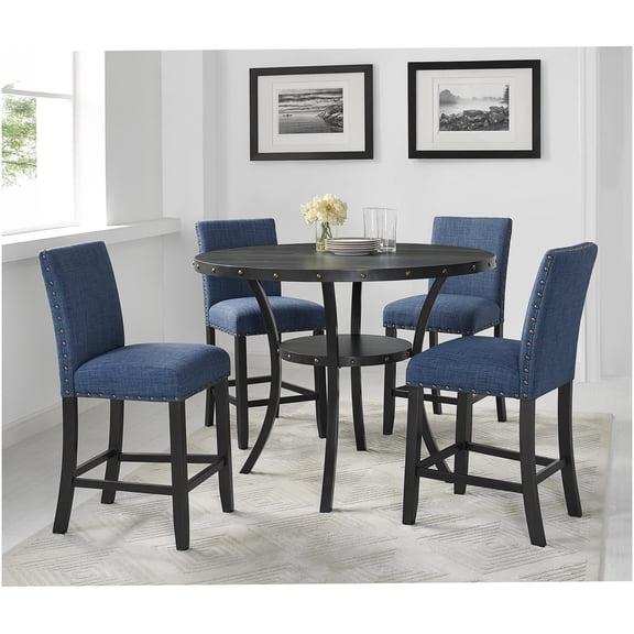 Blue Fabric Counter Height Bar Stools Set of 2 with Nailhead Trim for Kitchen Island