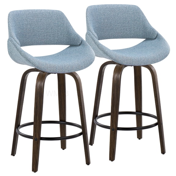 Blue Fabric Counter Stool Set with Swivel and Footrest, Mid-Century Style