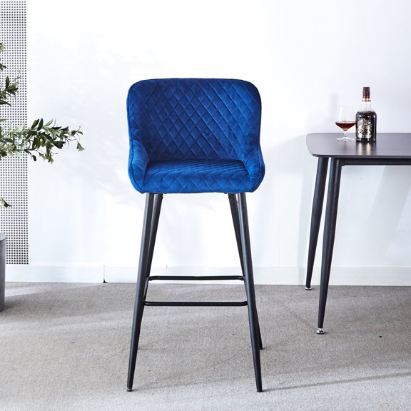 Blue Fabric + Metal Construction - Ergonomic Curved Back - Kitchen Island, Pub - Rustic Decor Set of 2 Stools