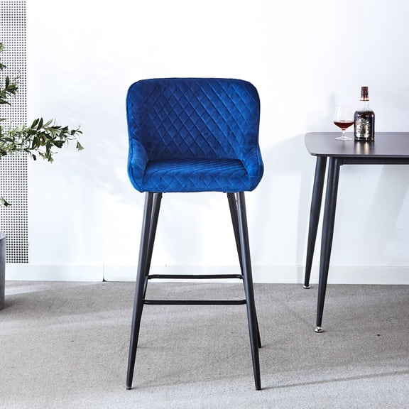 Blue Fabric + Metal Construction - Ergonomic Curved Back - Kitchen Island, Pub - Rustic Decor Set of 2 Stools