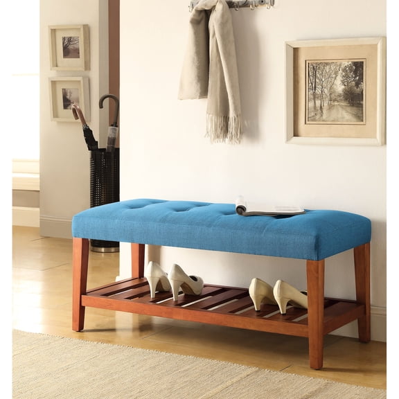 Blue Fabric & Oak Finish Bedroom Bench - 40" W X 16" D 18" H Versatile And Stylish High With Legs 43" Package Depth, 8" For Home