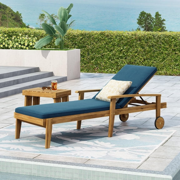 Blue Fabric Outdoor Chaise Lounge with Acacia Wood Frame – Adjustable, Water- Cushions, Modern Patio Furniture for Poolside or Garden