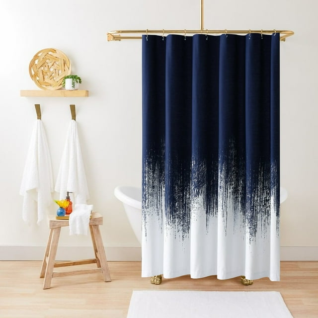 Blue Fabric Shower Curtains with 12 Hooks for Bathroom , Navy Bath