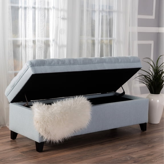 Blue Fabric Storage Ottoman | Store Board Games and Be a Comfortable Seat | Birch Legs for Stability | Clear Coffee Table Clutter