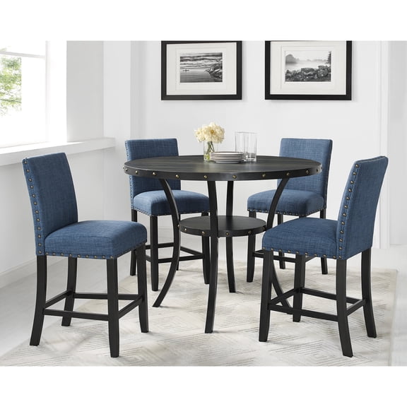 Blue Fabric Trimmed with Nails - Hardwood Structure - Kitchen Countertop - Set of Two Chairs
