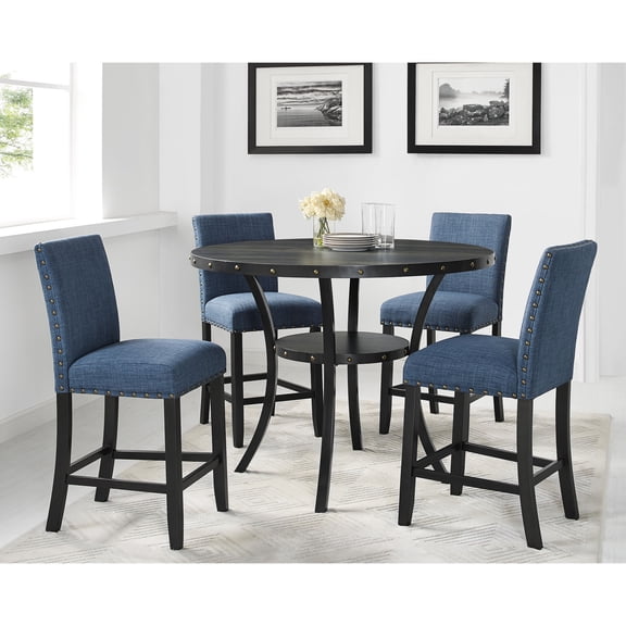 Blue Fabric Trimmed with Nails - Hardwood Structure - Kitchen Countertop - Set of Two Chairs