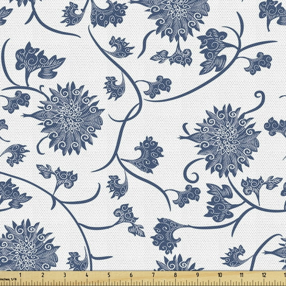 Blue Fabric by the Yard, Chinese Floral Garden Pattern Nature Inspirations with Traditional Ornament Design, Upholstery Fabric for Dining Chairs Home Decor Accents, 10 Yards, Blue White by Ambesonne