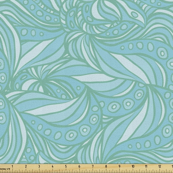 Ambesonne Blue Fabric by the Yard Upholstery, Doodle Style Ocean Waves Leafy, 10 Yards, Turquoise and Aqua