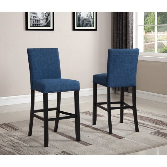 Blue Fabric and Solid Wood / Set of 2 Bar Stools for Pub Spaces