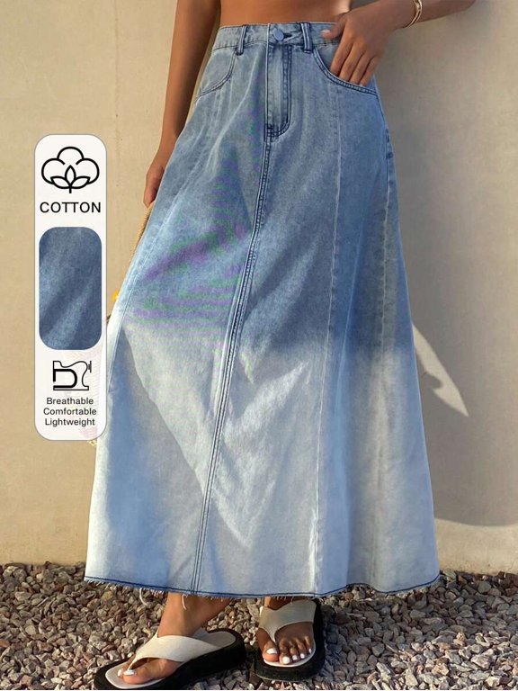 Blue Faded Gradient A-Line Denim Maxi Skirt For Women Casual Summer