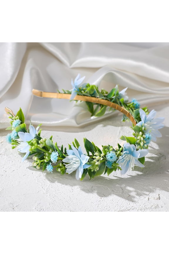 Blue Fairy Flower Crown, Artificial Forest Orchid Floral Headpiece, Woodland Elf Flower Headband with Ribbon for Renaissance Cosplay Wedding Festival Hair Accessory