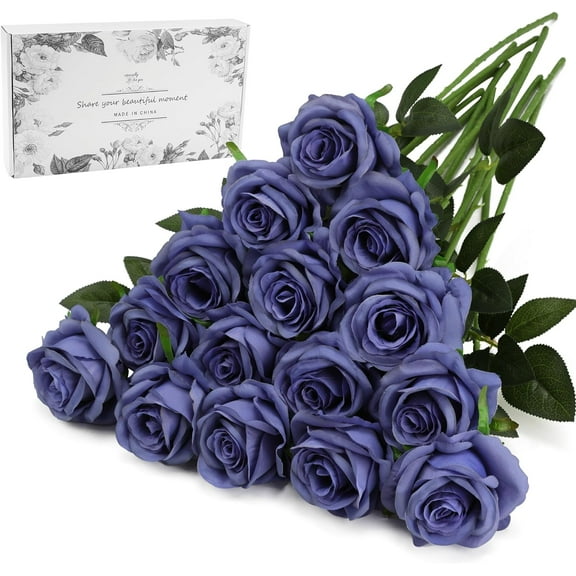 Blue Fake Roses Artificial Flowers - Fake Artificial Roses Silk Flowers with Stems for Home Wedding Hotel Office Centerpiece Decor（Dusty Blue）