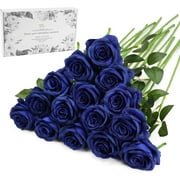 Blue Fake Roses Artificial Flowers - Fake Artificial Roses Silk Flowers with Stems for Home Wedding Hotel Office Centerpiece Decor Navy Blue