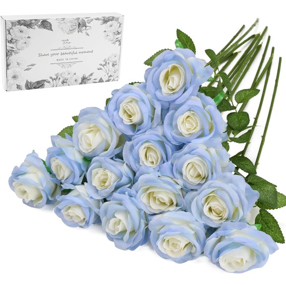 Blue Fake Roses Artificial Flowers - Fake Artificial Roses Silk Flowers with Stems for Home Wedding Hotel Office Centerpiece Decor(Sky Blue)