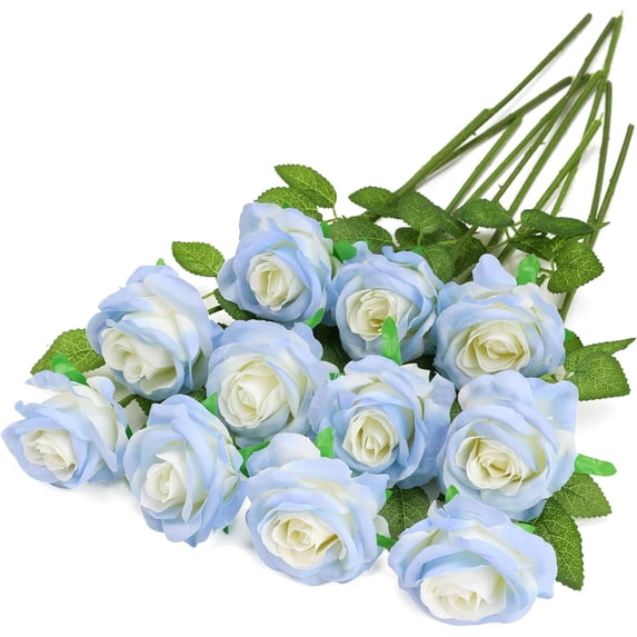 Blue Fake Roses Artificial Flowers - Fake Artificial Roses Silk Flowers with Stems for Home Wedding Hotel Office Centerpiece Decor(Sky Blue)