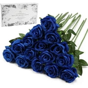 Blue Fake Roses Artificial Flowers - Fake Artificial Roses Silk Flowers with Stems for Home Wedding Hotel Office Centerpiece Decor