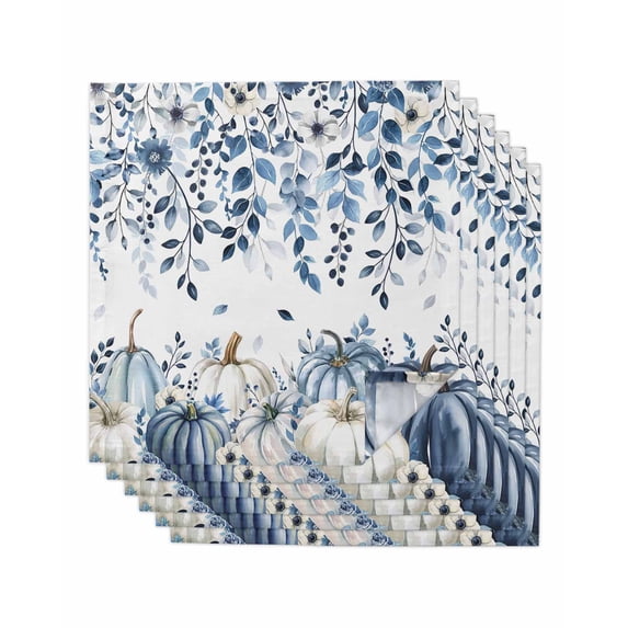 Blue Fall Cloth Napkins Set of 6 Reusable Dinner Napkins, Thanksgiving Pumpkins Weeping Botanical Cocktail Napkin Washable Table Napkins for Wedding/Holiday Party/Baby Shower 20"x20"