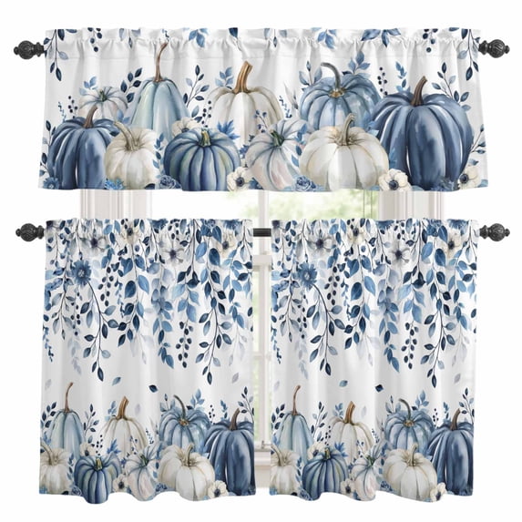 Blue Fall Kitchen Curtains Sets for Windows 36 Inch Length, Thanksgiving Pumpkins Weeping Botanical Rod Pocket Window Treatments Tier Curtains and Valances Set for Bedroom/Bathroom
