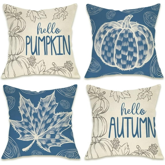 Blue Fall Maple Leaves Decorative Throw Pillow Covers 20 x 20 Set of 4, Hello Autumn Pumpkin Porch Patio Outdoor Pillowcase, Seasonal Sofa Couch Cushion Case Home Decor