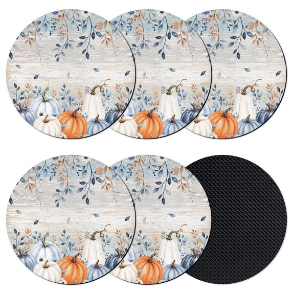 Blue Fall Pumpkin Coasters Set of 6, Absorbent Coasters for Drinks, Thanksgiving Vintage Botanical Harvest Coaster for Desk Coffee Table Protection, Home Decor House Warming Gifts 4"