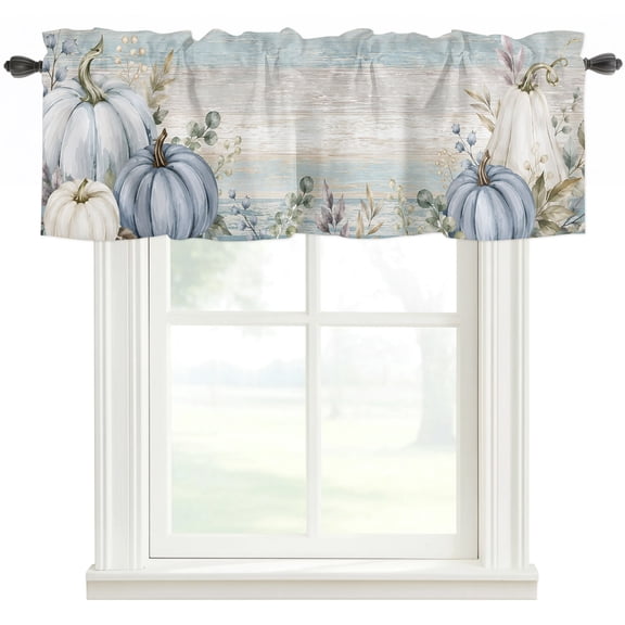 Blue Fall Pumpkin Kitchen Valances for Windows, Autumn Maple Leaf Retro Thanksgiving Bathroom Window Valances 60x18 Inch Rod Pocket Window Treatments Valance Curtains for Living Room Bedroom Decor