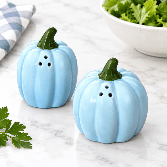 Blue Fall Pumpkin Shaped Ceramic Salt And Pepper Shakers Set