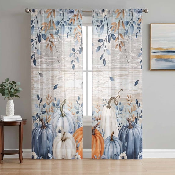 Blue Fall Pumpkin Sheer Curtains 63 Inch Length 2 Panels Set, Thanksgiving Vintage Botanical Harvest Voile Window Treatment Rod Pocket Curtains Sheers for Bedroom/Living Room/Kitchen 52x"63"x2