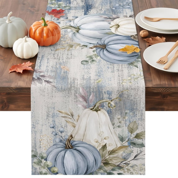 Blue Fall Pumpkin Table Runner - 90 Inch Long Autumn Vintage Eucalyptus Thanksgiving Cotton and Linen Blended Dress Scarves Farmhouse Table Runner for Kitchen Dining, Coffee Table, 13" x 90"