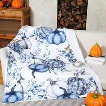 Blue Fall Pumpkin Throw Blanket Fall Decor Autumn Blanket Soft Flannel Throw Blankets Farmhouse Soft Cozy Decor Throws for Thanksgiving Living Room Couch Bed Chair Dorm, 50" x 60"