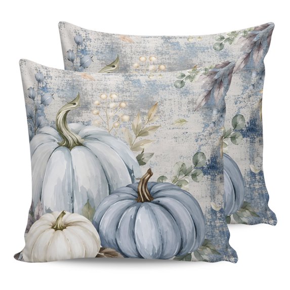 Blue Fall Pumpkin Throw Pillows 18x18 Set of 2, Autumn Vintage Eucalyptus Thanksgiving Waterproof Outdoor Pillow Covers with Insert, Decorative Pillowcase Cushion for Couch, Sofa, Bed, Patio, Garden
