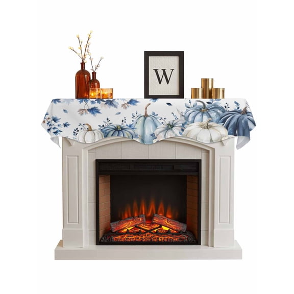 Blue Fall Pumpkins Fireplace Mantle Scarf, Maple Leaf Tree Thanksgiving Autumn Mantel Cover Table Runner for Home Living Room Door Window, Indoor Outdoor Holiday Party Decor 17" x 70"