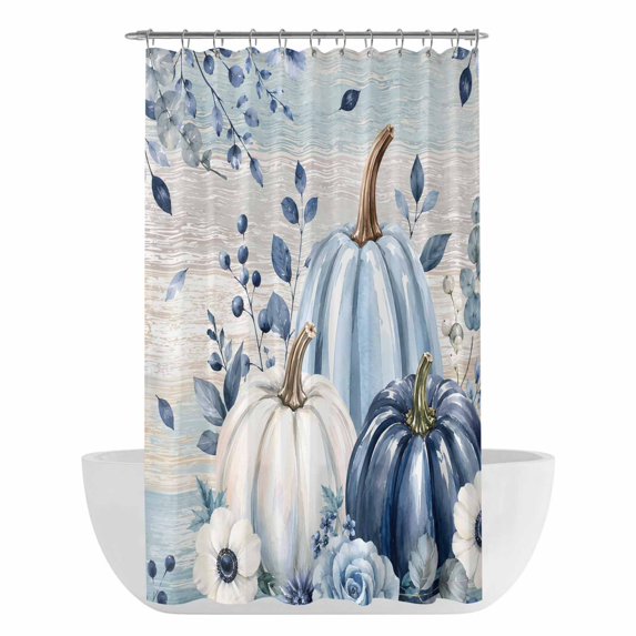 Blue Fall Pumpkins Shower Curtain - Water Repellent Fabric Shower Curtains Washable, Botanical Autumn Maple Leaves Thanksgiving Decorative Polyester Cloth Bathroom Curtains Modern Bath Decor 36"x72"
