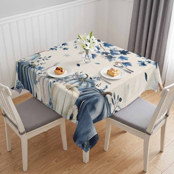 Blue Fall Pumpkins Table Cloth Waterproof Tablecloths, Thanksgiving Maple Leaf Tree Tablecloth Dining Table Cover for Kitchen Party Tabletop Outdoor, Square Tablecloth 60x60 Inch