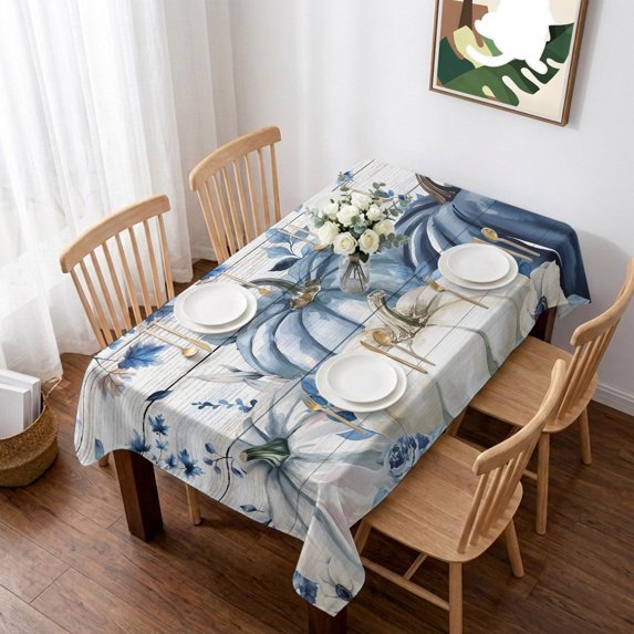 Blue Fall Pumpkins Table Cloth Waterproof Tablecloths, Thanksgiving Maple Leaf Tree Vintage Tablecloth Dining Table Cover for Kitchen Party Tabletop Outdoor, Rectangle Tablecloth 52x70 Inch