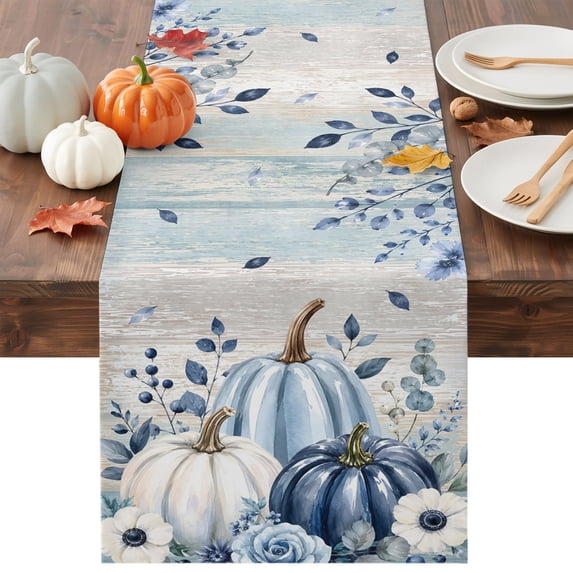 Blue Fall Pumpkins Table Runner - 120 Inch Long Botanical Autumn Maple Leaves Thanksgiving Cotton and Linen Blended Dress Scarves Farmhouse Table Runner for Kitchen Dining, Coffee Table, 13" x 120"