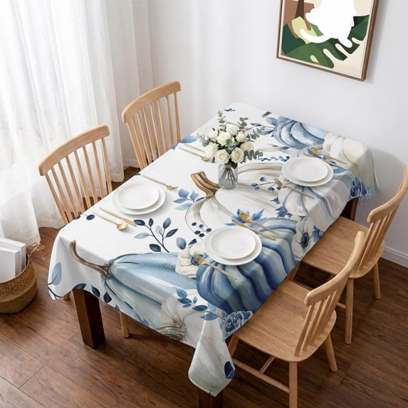 Blue Fall Table Cloth Waterproof Tablecloths, Thanksgiving Pumpkins Weeping Botanical Tablecloth Dining Table Cover for Kitchen Party Tabletop Outdoor, Rectangle Tablecloth 60x102 Inch