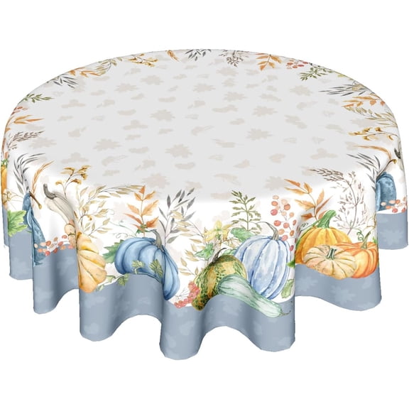 Blue Fall Tablecloth Round 60 Inch Orange Watercolor Pumpkin Table Cloth Autumn Harvest Thanksgiving Farmhouse Table Cover Decorative for Home Kitchen Dining Indoor Outdoor Party Picnic