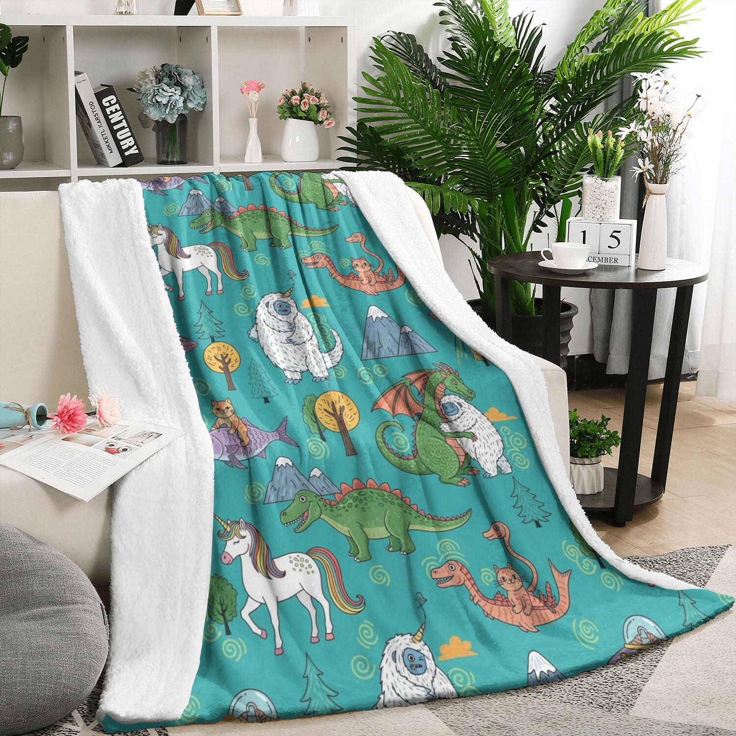 Blue Fantasy Creatures Pattern Blanket,Comfortable Soft Lamb Wool Throw ...