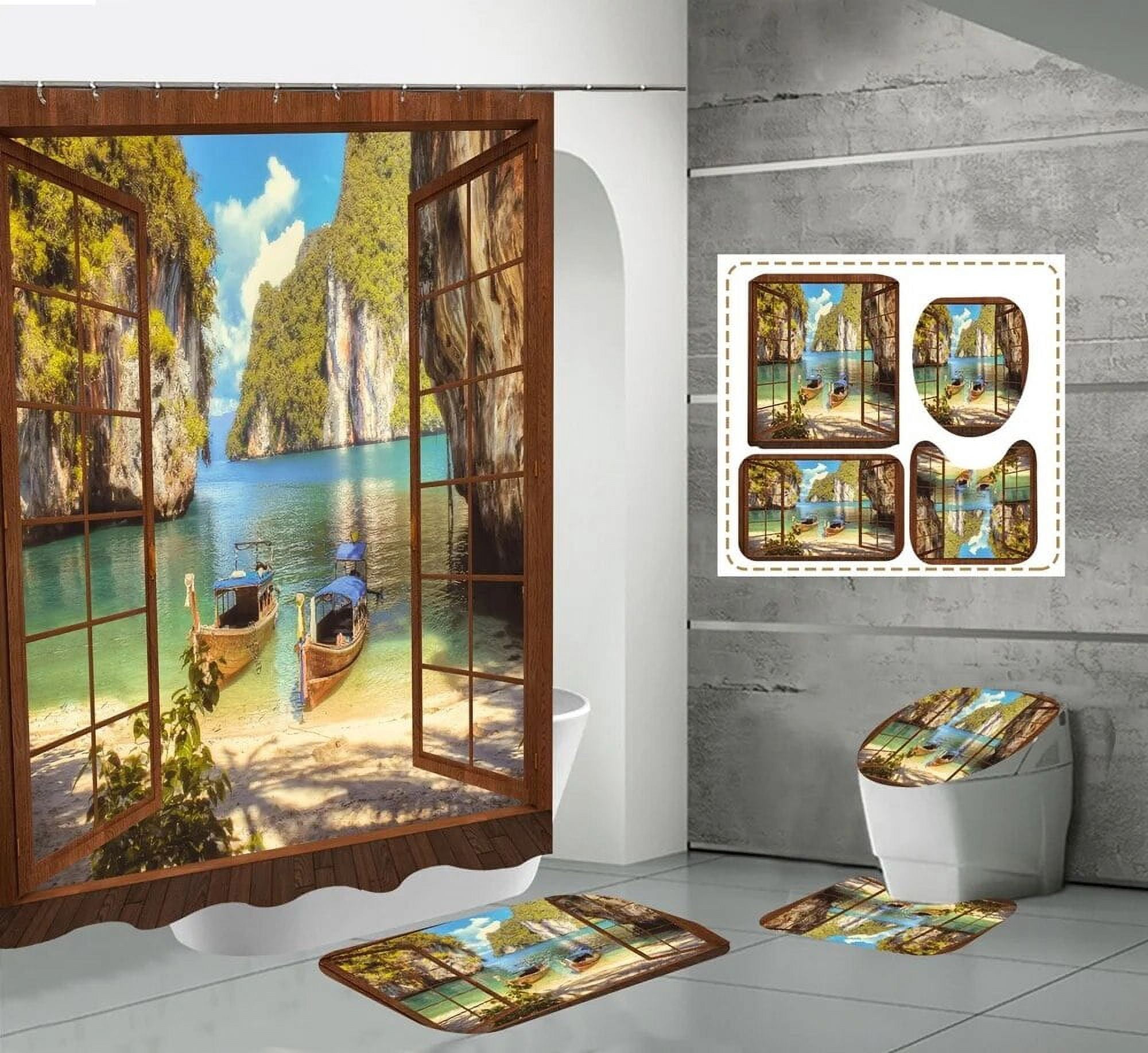 Blue Fantasy Forest Fabric Shower Curtains Winter Sunset Bathroom