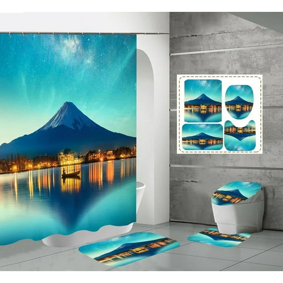 Blue Fantasy Forest Fabric Shower Curtains Winter Sunset Bathroom Curtain Set Anti-skid Rug Carpet Toilet Lid Cover Bath Mat Set