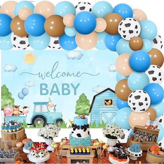 Blue Farm Animal Baby Shower Decorations - Farm Animals Balloon Garland Arch Kit with Welcome Baby Backdrop, Cow Donkey Pig Foil Balloons for Farmhouse Pregnancy Celebration Newborn Party Supplies