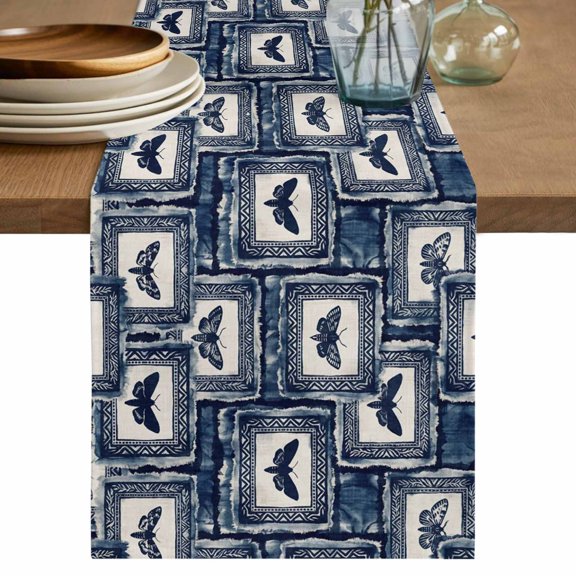 Blue Farm Animal Table Runner 36 Inches, Vintage Butterfly Tie-dye Painting Art Bed Runner Dresser Scarves Tabletop for Indoor Outdoor Parties/Ceremony/Banquet, 13"x 36"