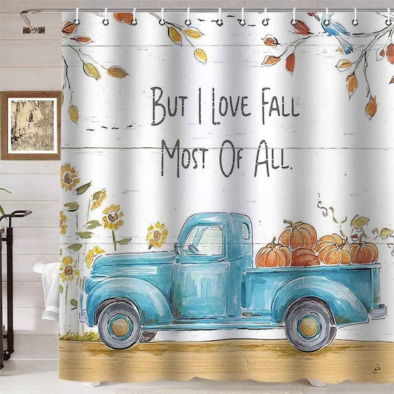 Blue Farm Truck Shower Curtain, Yellow Sunflower Pumpkin Harvest Fall Leaf Country Vintage Car Thanksgiving Rustic Farmhouse Bathroom Decor Waterproof White Fabric Shower Curtain, 72 X 72 Inch