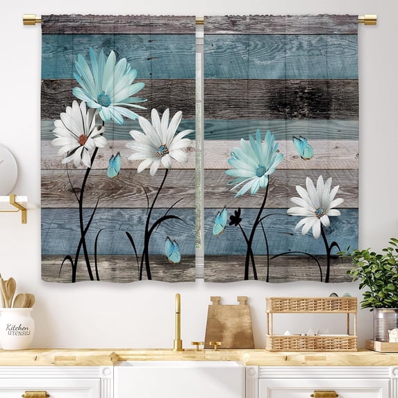 Blue Farmhouse Daisy Kitchen Curtains Wooden Flower Small Short Cafe Window Curtains Rustic Floral Butterfly Country Barn Plank Bathroom Drapes Treatment Tier Curtains 2 Panels (27.5x39 Inch)