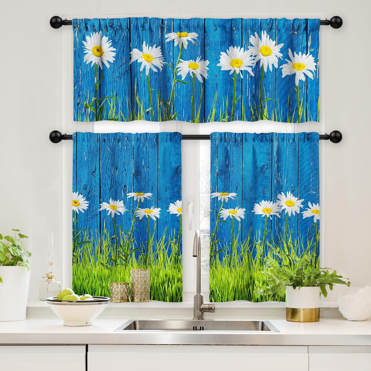 Blue Farmhouse Kitchen Curtains and Valance 3 Piece Sets,Spring Wooden