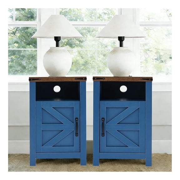 Blue Farmhouse Nightstand Set of 2, End Tables Set with Charging Station, Night Stand with Door and Storage Shelf, Sofa Side Table Living Room, Bedside Table for Bedroom