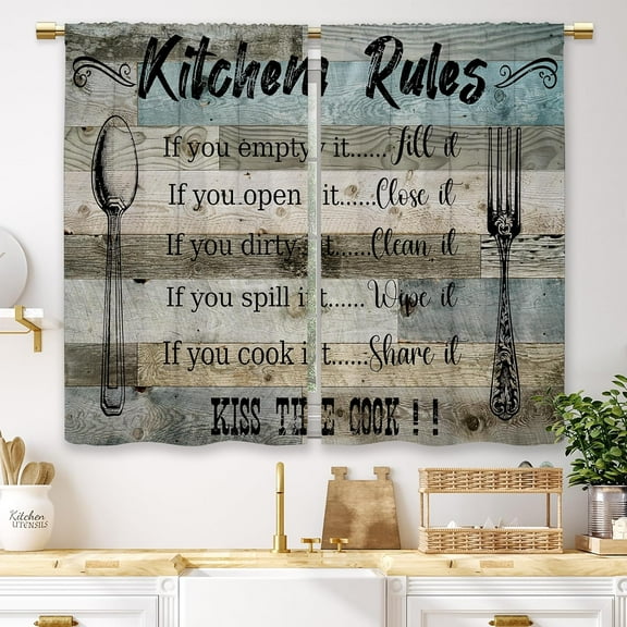 Blue Farmhouse Rustic Kitchen Curtains Vintage Kitchen Rules Small Short Cafe Window Curtains Barn Country Wooden Wood Plank Bathroom Window Drapes Treatment Tier Curtains (27.5x39 Inch)