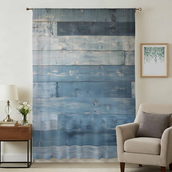 Blue Farmhouse Sheer Curtains 63 Inches Long, Vintage Wooden Country Light Filering Curtains, Breathable Simi Curtain Privacy Drapes for Living Room Bedroom Lightweight Window Treatment