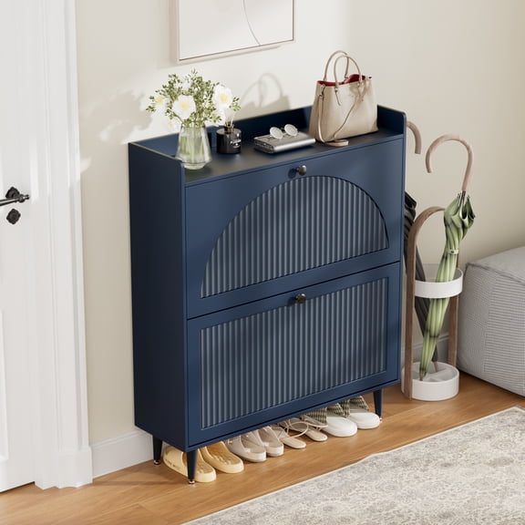 WARAYZ Blue Farmhouse Shoe Cabinet with Flip Drawers, Entryway Shoe Storage Organizer with Raised Top Shelf, Arched Fluted Design