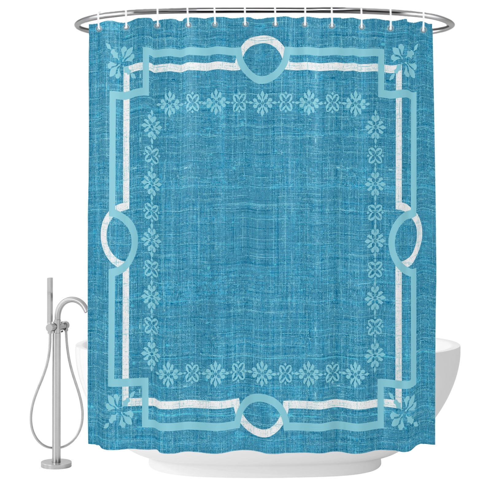 Blue Farmhouse Shower Curtain for Bathroom, Linen Texture Geometric ...